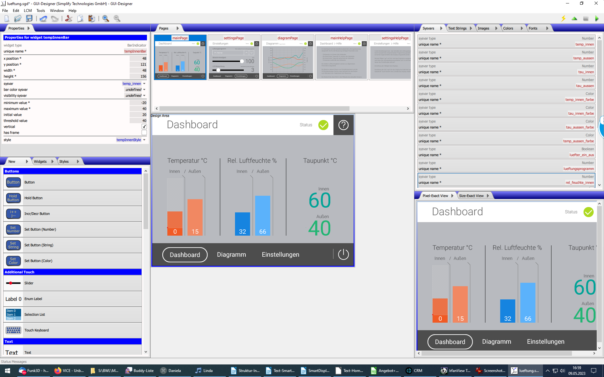 Screenshot des Programmfensters des GUI-Designers - eines Software-Tools zur Gestaltung der Benutzeroberflächen der Smart Displays der Firma Simplify Technologies GmbH